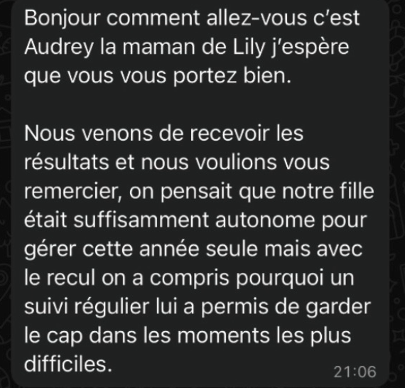 Message d'Audrey, maman de Lily, remerciant pour le suivi régulier