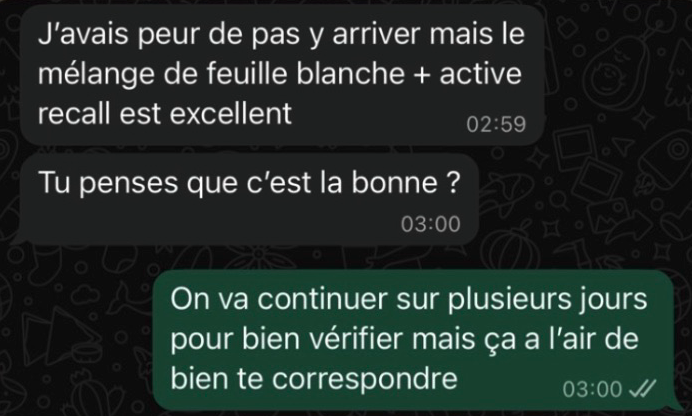 Message d'un élève : le mélange feuille blanche et active recall fonctionne