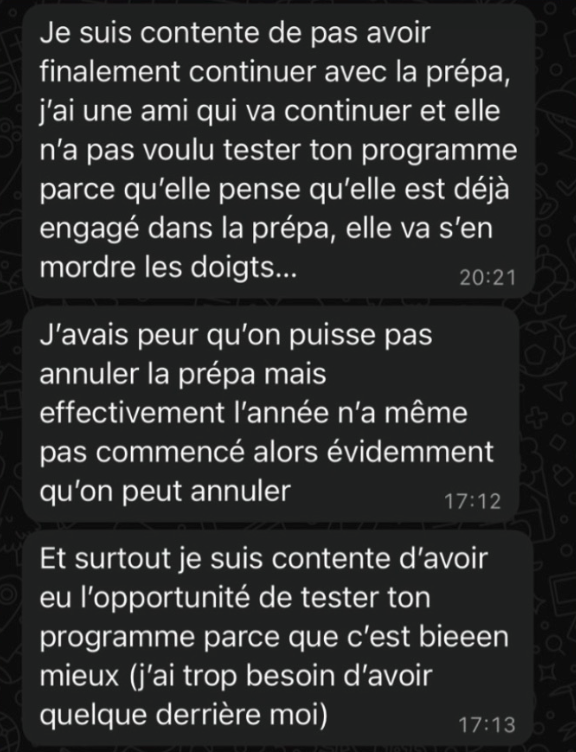 Message d'une élève contente d'avoir quitté la prépa pour le programme