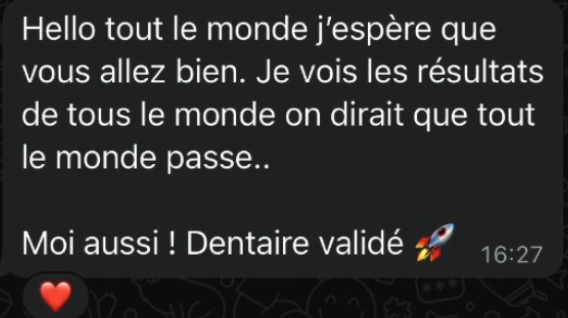 Message d'un élève : dentaire validé