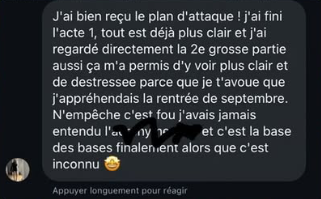 Message d'un élève ayant reçu son plan d'attaque personnalisé