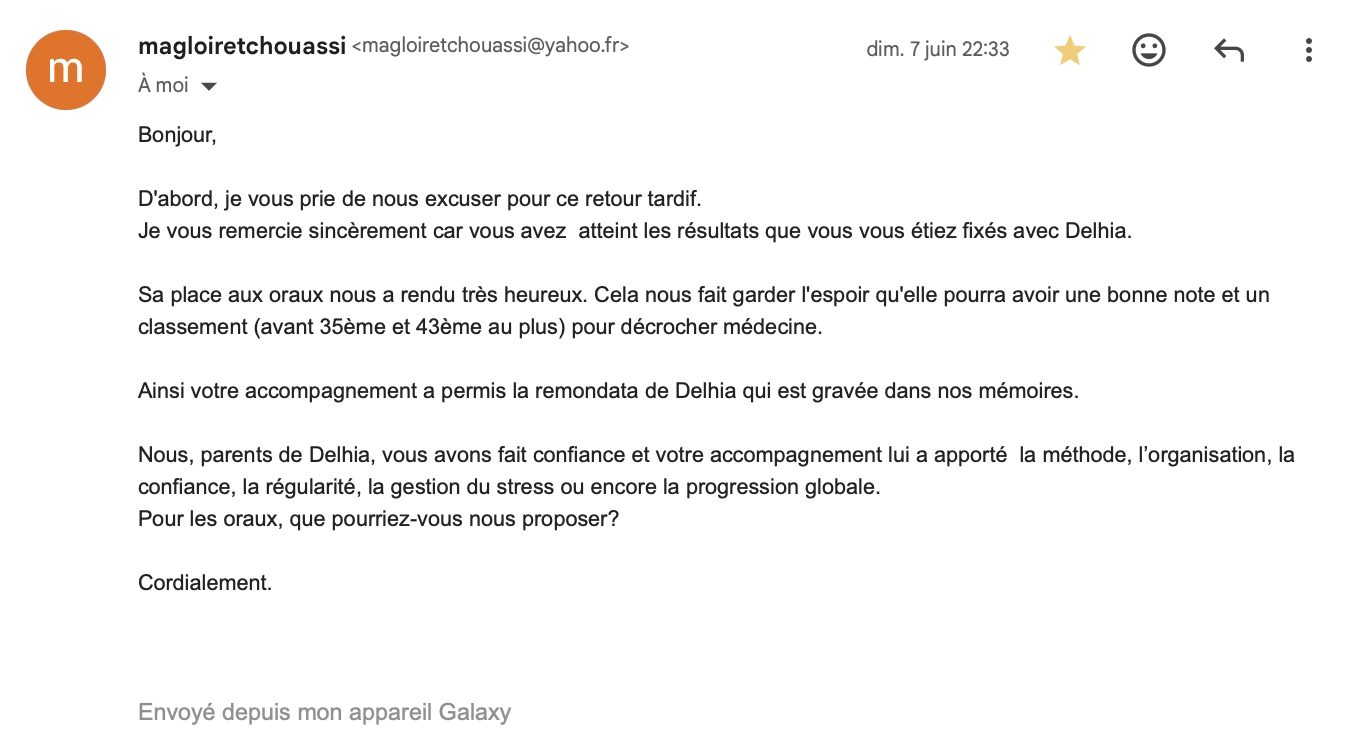 Mail des parents de Delhia remerciant pour l'accompagnement