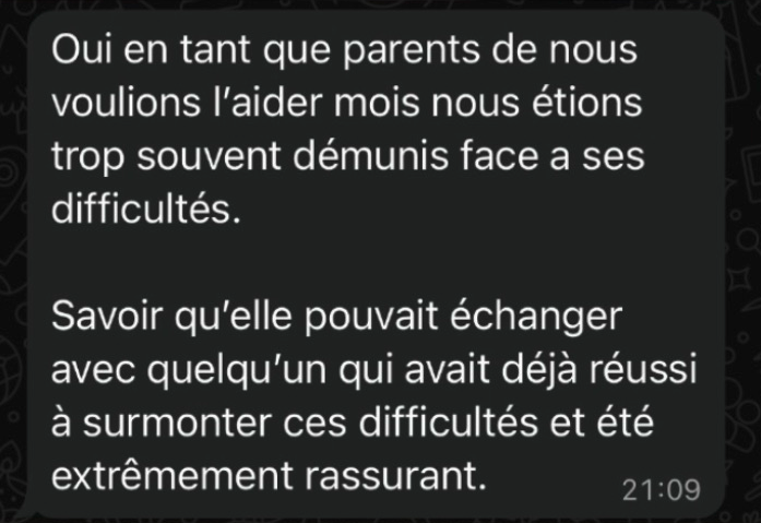Message de parents rassurés par l'accompagnement de leur fille