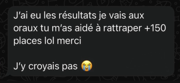 Message d'une élève : +150 places rattrapées, elle va aux oraux