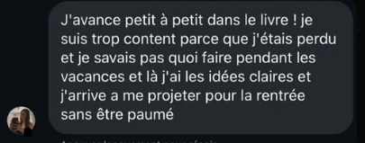 Message d'un élève : il avance dans le livre et a désormais les idées claires pour la rentrée
