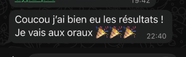 Message d'une élève : résultats reçus, elle va aux oraux